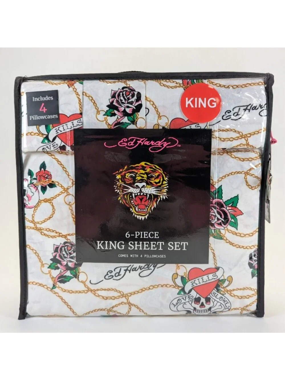 Ed Hardy King Sheet Set 6-Piece w/ 4 Pillowcases White Black Rose Skull - NEW